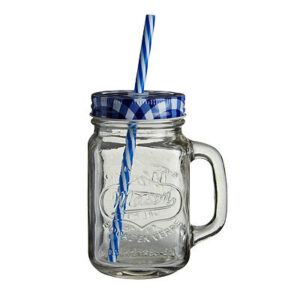 GINGHAM TOP  MASON JAR W/STRAW MS04 BLUE