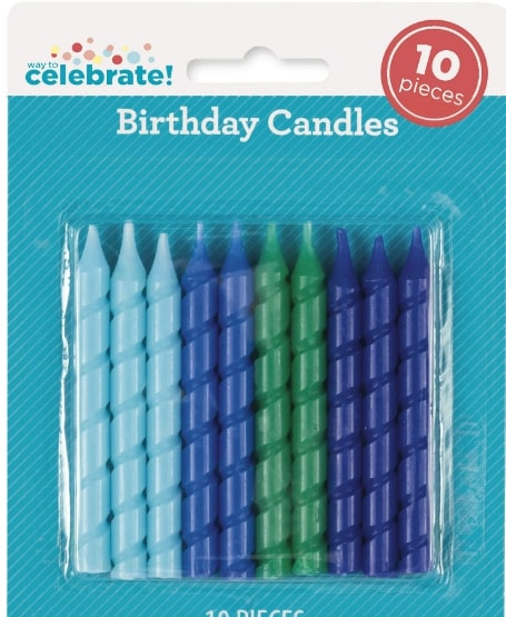 ASSORTED COLOR 10PC BIRTHDAY CANDLES (LT BLUE,ROYAL,GREEN & NAVY BLUE)