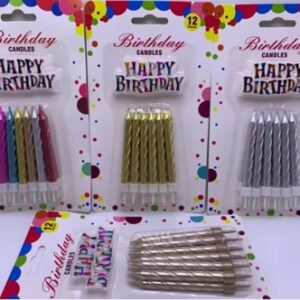 12PC SPIRAL CANDLES W/ HB CAKE TOPPER - GOLD