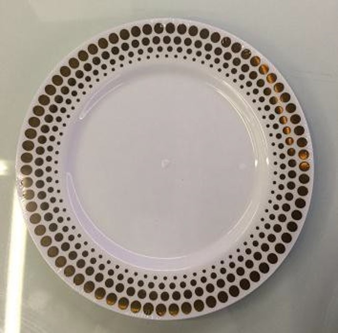6" WHITE PLASTIC PLATE W/GOLD DOTTED RIM