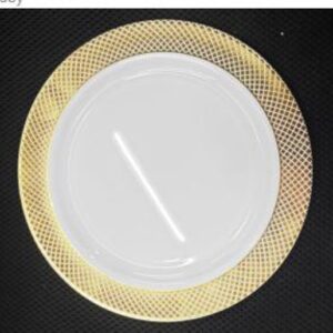 6" WHITE PLASTIC PLATE W/GOLD DESIGN RIM