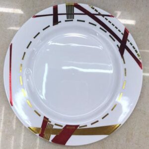 6" WHITE PLASTIC PLATE W/GOLD & RED DESIGN RIM
