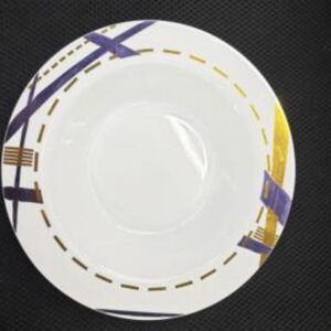 9" WHITE PLASTIC PLATE W/GOLD & BLUE DESIGN RIM