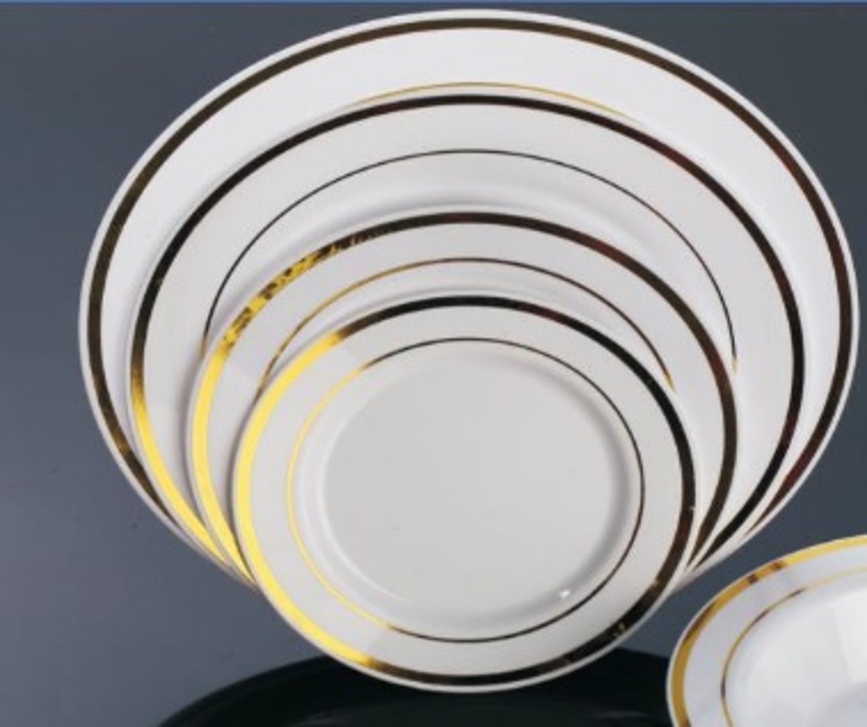 9" WHITE PLASTIC PLATE W/GOLD TRIM