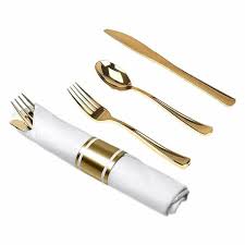 LILLIAN PRE-ROLLED COMBO CULTERY W/ NAPKIN (37280)  - GOLD