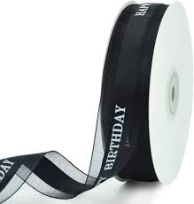 HAPPY BIRTHDAY 1" SATIN ORGANZA BLACK W/WHITE PRINT 50YDS
