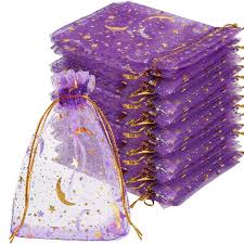DRAWSTRING ORGANZA BAGS 3X5" - PURPLE W/STARS