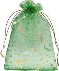 DRAWSTRING ORGANZA BAGS 3X5" - GREEN W/STARS