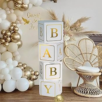 BALLOON BOXES BABY 4PC - WHITE/GOLD