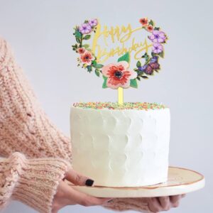 HAPPY BIRTHDAY CAKE TOPPER W/FLOWERS